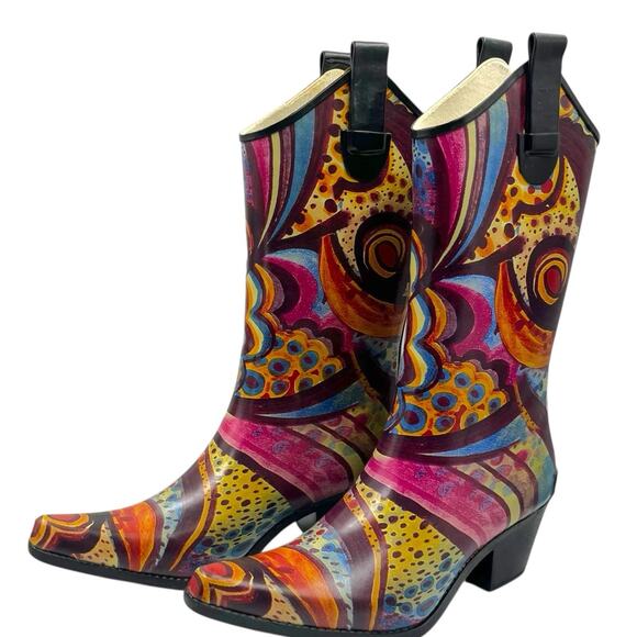 CORKYS NOMAD YIPPY RAIN BOOTS BOHO CHIC WESTERN COWBOY COLORFUL SIZE 7 EUC - Picture 1 of 5